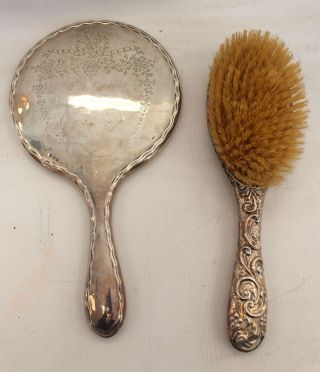 Antique Sterling Silver Hand Mirror Hallmark Birmingham 1909 W/ Hairbrush - C17