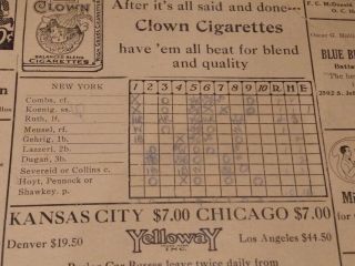 1926 World Series Game 4 Scorecard Babe Ruth 3 Hr York Yankees Vs Cardinals