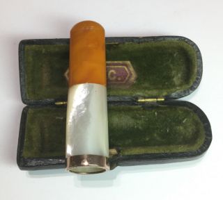 Antique French 9ct Gold Honey Amber Pearl Cigarette Holder W/ Case