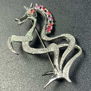 Signed Dodds High End Vintage Brooch Pin 2” Unicorn Red Crystal Rhinestones Lot2