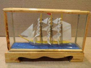 Wood & Canvas Model Clipper Ship In Wood And Glass Display Case Vintage