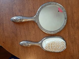 Vintage Silver Plate Vanity Hand Mirror And Brush Set Flower Pattern