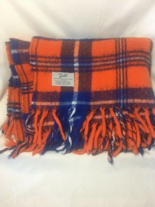 Vintage Faribo 100 Wool Stadium Blanket Car Orange Blue Plaid,  Fringed 51x48