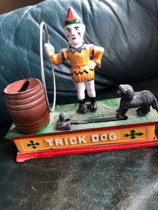 Vintage Cast Iron Trick Dog Circus Clown Mechanical Coin Bank Metal Toy -