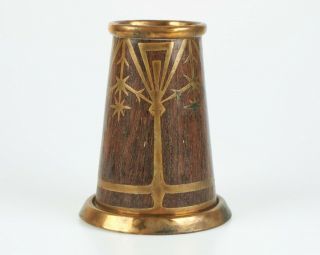 Antique 1900s Erhard & Sohne Intarsia Ware Art Nouveau Brass And Wood Vase.