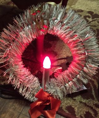 Vintage Silver Tinsel Christmas Wreath With Red Candle Light