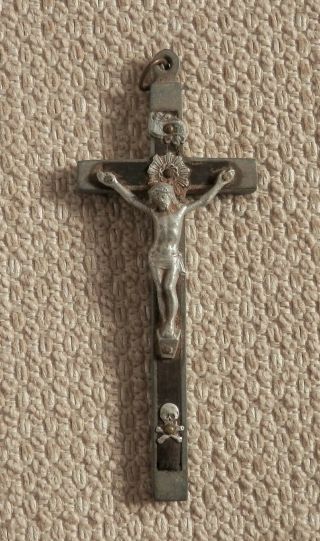 Small Vintage Silver And Wood Crucifix With Skull And Crossbones At Base