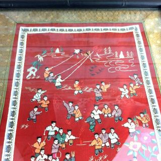 Antique Chinese Silk Embroidery Textile Art Panel Glass & Frame Dragons Children 3