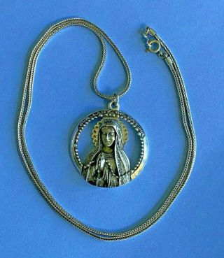 Large Antique Sterling Silver Weston Virgin Mary Medal Pendant With 24 " Chain