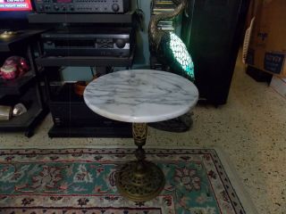 Vintage Mcm Brass Ornate Base Marble Top Side Table 18 " X 14 5/8 " Wide Vg
