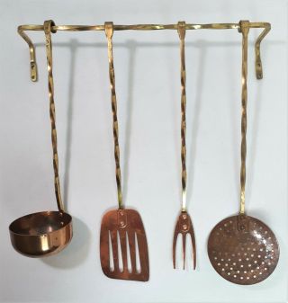 Vintage Set Of 4 Copper & Brass Kitchen Utensils With Rack Long Twisted Handles