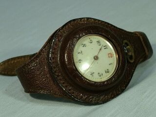 Antique Ww1 Trench Leather Wrist Strap Band With Small Pocket Watch