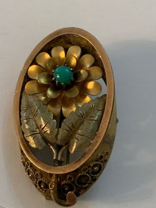 Vintage Victorian Gold Filled Persian Turquoise Flower Leaf Etched Brooch Pin