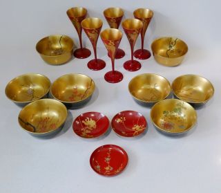 Vintage Art Deco Japanese Lacquer Ware,  Lacquerware Goblets Bowls Sake Cups Dish