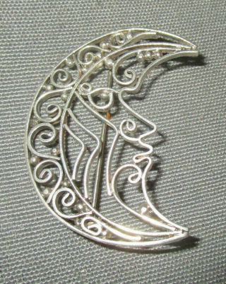 925 Silver (sterling) Pin Vintage Openwork Man In The Moon