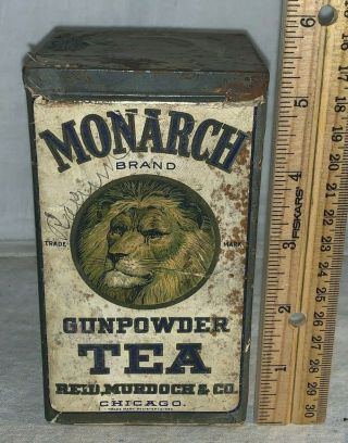 Antique Monarch Gunpowder Tea Tin Reid Murdoch Chicago Il Grocery Store Can Lion