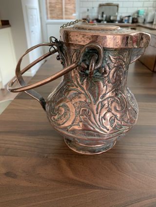 Antique Heavy Embossed Copper Jug With Religious Connection