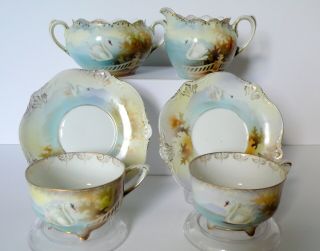 Antique German Rs Prussia Swans Cups & Saucers Creamer Sugar Bowl