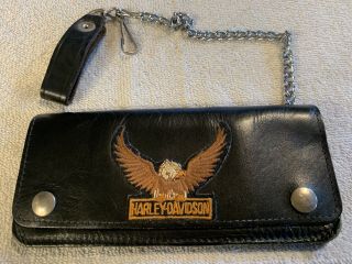 Vintage Harley - Davidson Black Leather Biker Bi - Fold Wallet Eagle Logo W/chain