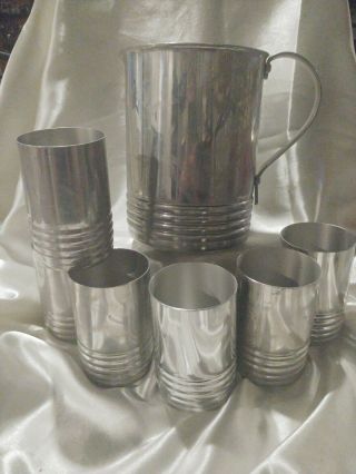 Vintage 7 Piece Aluminum Pitcher & Cups Set Water Juice Primative