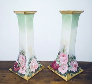 Vtg Royal Epiag Hand Painted Roses Gold Rimmed Candle Stick Holders Czech 9”h