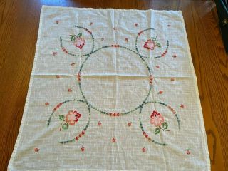 Sweet Vintage Hand Embroidered White Cotton Tablecloth 32 " Square Pretty Flowers