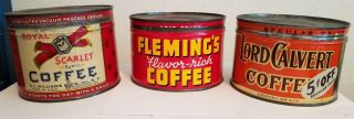 Antique Vintage Coffee Tins Cans Set Of 3 Royal Scarlet,  Flemmimgs,  Lord Calvert