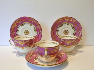 Set Of 3 Antique English Porcelain China Pink Gold Bow Tea Cups & Saucers