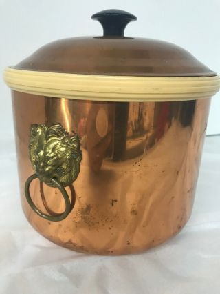 Vintage Coppercraft Guild Copper Ice Bucket Brass Lion Head Handles 8” Tall