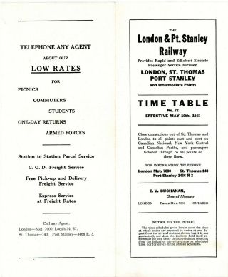 London & Port Stanley Railway,  Interurban System Time Table No.  72 - May 16,  1945