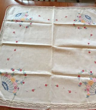 Sweet Vintage Hand Embroidered White Cotton Tablecloth 38 " By 36 " Flower Baskets