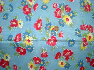 Floral On Blue Intact Vtg Feedsack Quilt Sewing Dollclothes Craft Cottonfabric