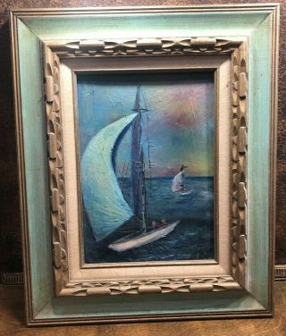 Antique Framed Oil Painting Sail Boat On Rough Seas Sailing Regatta Maritime