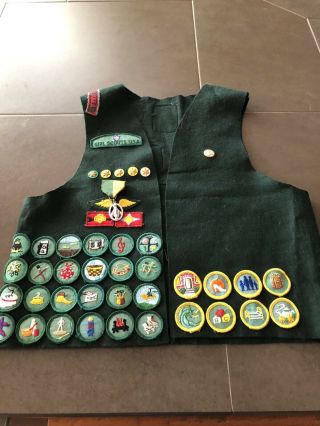 1970s Vintage Girl Scout Green Felt Vest Badges Patches Rare Pin San Antonio