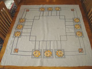 Antique Arts And Crafts Embroidered Linen Tablecloth