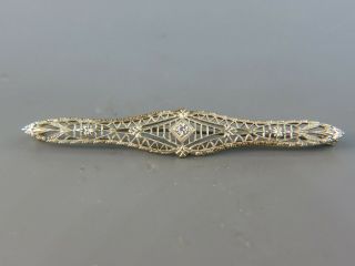 Antique Diamond & 10k White Gold Filigree Bar Pin