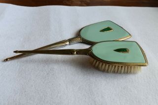 Vintage Mod Green Gold Tint Dresser Set Mirror,  Brush