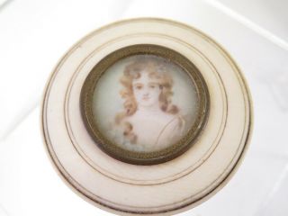 Antique Victorian Bovine Bone Trinket Box With Miniature Oil Portrait Of Lady