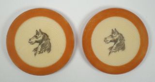 2 Antique 19th Century Etched Horse Head Poker Chips Saloon Vintage Old West