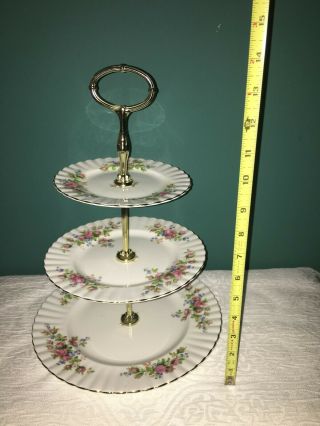 Vintage Royal Albert Moss Rose 3 - Tier Cake Stand White W/ Floral Pattern