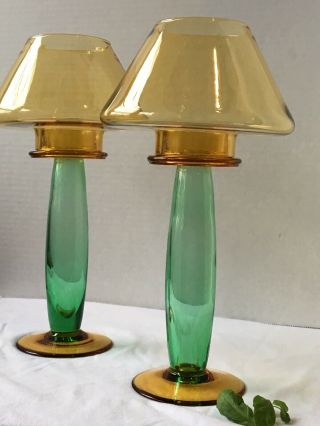 Vintage Green & Amber Hand Blown 11” Tall Candle Lamp W/hand Blown Glass Shades
