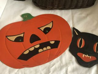 2 - Vintage Halloween Embossed Pumpkin Jack O Lantern & Cat Die Cut By H.  E.  Luhrs