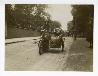 Vintage 1910s Young Girl W/ Sisters On Motorcycle W/ Side Car Photo - Brown Bros