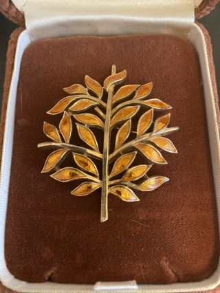 Estate Vtg Signed Crown Trifari Amber Enamel Tree Of Life Brooch Pin