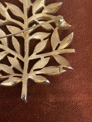 ESTATE Vtg SIGNED Crown TRIFARI Amber ENAMEL Tree Of LIFE Brooch PIN 3
