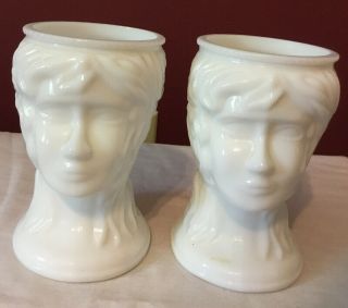 Vintage Frosted White Milk Glass Grecian Lady Head Vases 5”