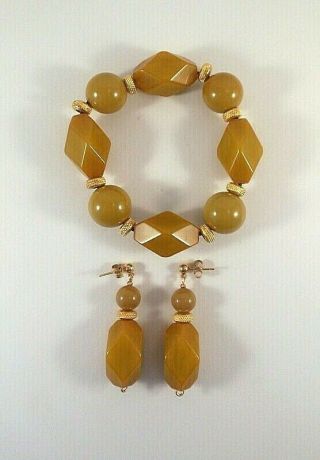 Vtg Bakelite Faceted/round Yellow/green Bead Goldtone Stretch Bracelet/earrings