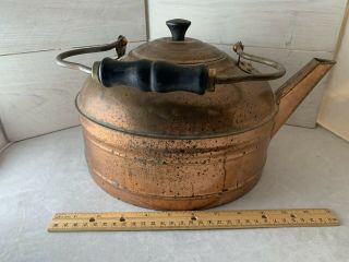 Vintage Large Copper Tea Kettle Wood Handle And Lid Knob Patina Rustic Farmhouse
