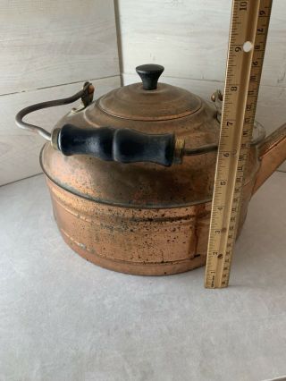 Vintage Large Copper Tea Kettle Wood Handle And Lid Knob Patina Rustic Farmhouse 2