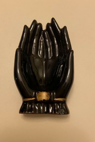 Vintage Ceramic Hand Ashtray Trinket Dish Made In Japan Black With Gold Trim